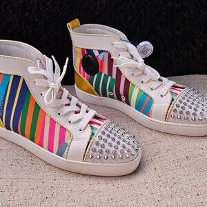 Christian Louboutin Men Sneaker High Top Lace Up Multi Color Stripe Size 44.5